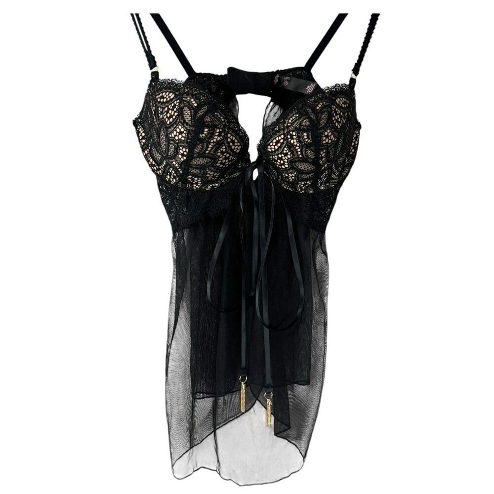Victorias Secret Black Lace 34 B Babydoll Lingerie Gold with Matching‎ Pa…